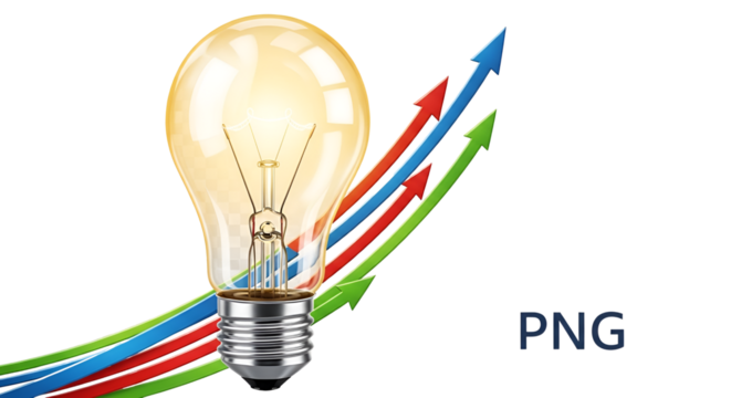 Light bulb with upward trending arrows and the message "PNG" isolated PNG with Transparent Background - Powered by Adobe