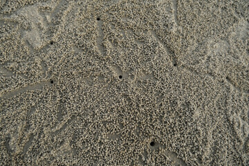 Close-up of sand grains, sand grains on the beach with crab shapes