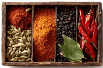 Wooden box filled with assorted spices