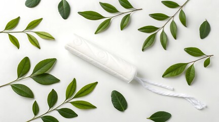 a tampon surrounded by fresh green leaves on white background