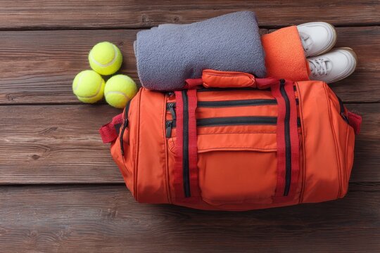 Tennis Bag. Red Sports Bag with Tennis Equipment on Wooden Background