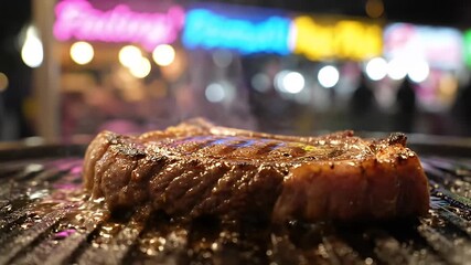 Grilled steak cooking on night market grill
