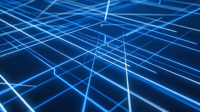 Dynamic Blue Glowing Lines Forming a Futuristic Digital Grid Network on a Dark Background, Abstract Representation of Data Flow, Technology, and Co...
