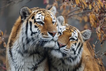 Obraz premium Tiger Couple Love: A Pair of Tigers Embracing in Affectionate Kiss