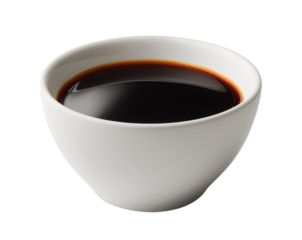 White bowl containing soy sauce on transparent background