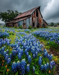 Rustic barn in a field of bluebonnets under a stormy sky