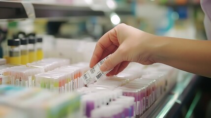 Close-up of hands labeling test tubes with barcoded stickers, laboratory workflow