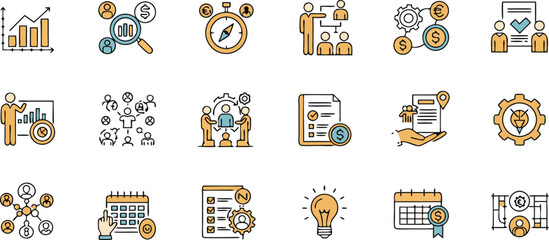 Modern business icons symbolizing growth, teamwork, finance, strategy, and innovative ideas for success