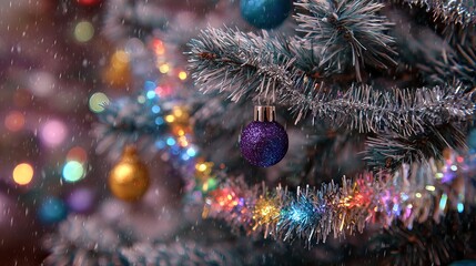 Vibrant colorful Christmas tree with multicolor garlands, sparkling tinsel, twinkling lights and glossy ornaments &mdash; festive holiday evergreen decoration in rich rainbow hues, cozy winter background