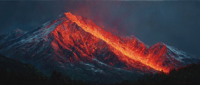 Volcanic mountain erupting with fiery lava flow