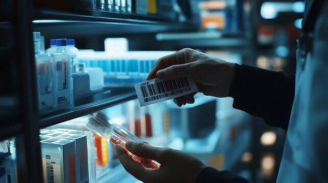 Close-up of hands labeling test tubes with barcoded stickers, laboratory workflow