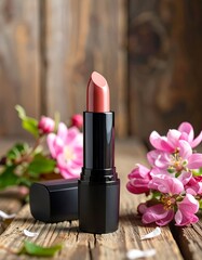 A chic, dark-toned lipstick in a matching black case, presented on a rustic wooden surface with delicate pink blossoms, exuding a springtime elegance.