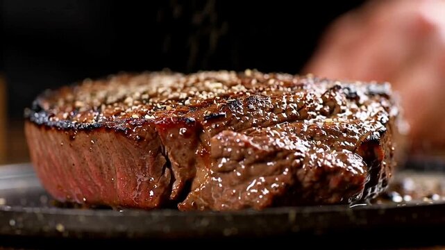 close up of roast grilles fried beef steak meat