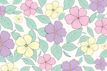 Pastel floral seamless pattern with pink, purple, and yellow flowers with mint green leaves. Ideal for fabric, wallpaper, packaging, and digital design