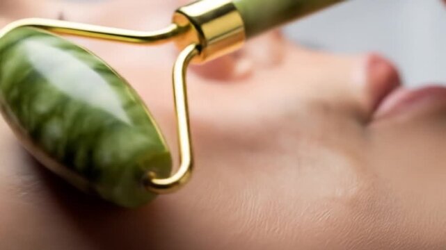 Close-up of a woman using a jade roller on her face, promoting skincare and relaxation in a serene setting