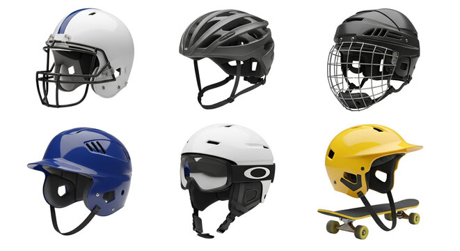 Variety of sports helmets including football, cycling, hockey, baseball, ski, and skateboarding helmets isolated PNG with Transparent Background