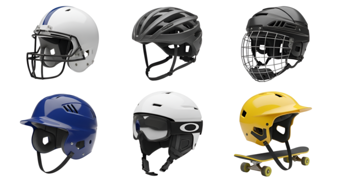 Variety of sports helmets including football, cycling, hockey, baseball, ski, and skateboarding helmets isolated PNG with Transparent Background - Powered by Adobe