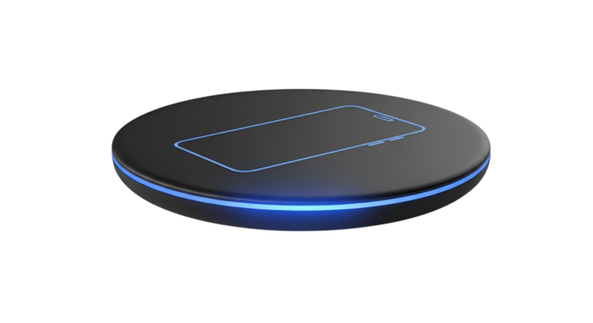 Wireless charger pad with illuminated smartphone outline isolated PNG with Transparent Background