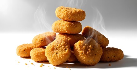Fototapeta premium Fried Chicken Nuggets Piled on White Surface with Steam Rising Crispy Golden Snack Food