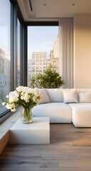 Modern living room with white sofa, large windows, and fresh flowers