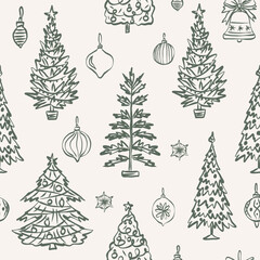 Stoffe zum Nähen Hand drawn doodle Christmas tree seamless pattern