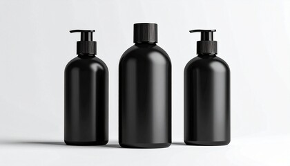Minimalist black cosmetic bottles &mdash; matte finish, varied tops, sleek modern packaging on white.