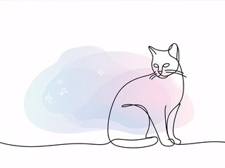 Minimalist Line Art Cat Illustration on Pastel Background