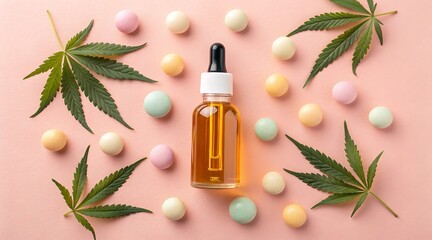 cbd oil bottle surrounded by colorful candies and cannabis leaves