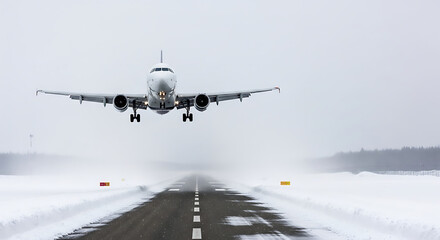 Commercial jet lands on snowy runway amidst misty winter conditions, showcasing aviation resilience.