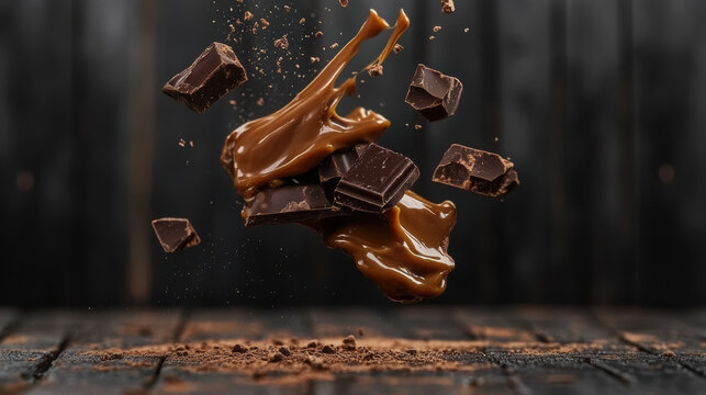 Suspended dark chocolate pieces with caramel splash and cocoa powder on rustic wooden surface create rich and indulgent dessert scene with warm, moody tones