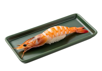 A single, fresh shrimp nigiri rests attractively on a dark olive-green rectangular plate against a stark black background.
