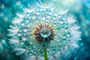 Closeup of a dandelion seed head covered in sparkling water droplets, with a bokeh background