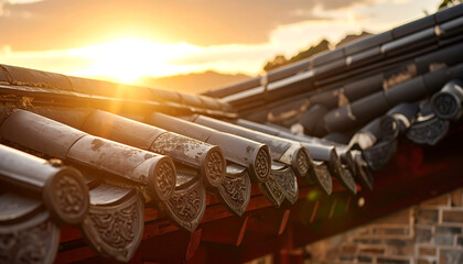 Traditional Asian tiled roof at golden hour—highlighting architectural craftsmanship, cultural heritage, and serene natural light.