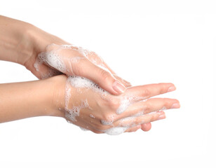 Fototapeta premium Woman washing hands with soap on white background