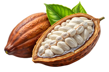 Fresh cacao beans with green leaves isolated on transparent background, tropical fruit