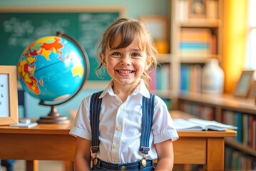 Little Girl Standing by Desk with Globe, Clock, and Bookcase
