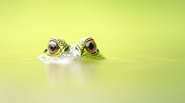 Curious frog eyes peeking above calm green water