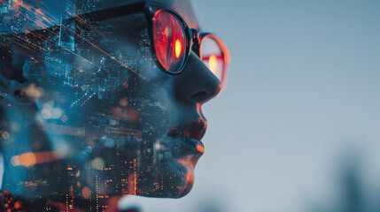 Portrait of a Smiling Young Woman with Curly Hair and Freckles, Network Connections Overlay 