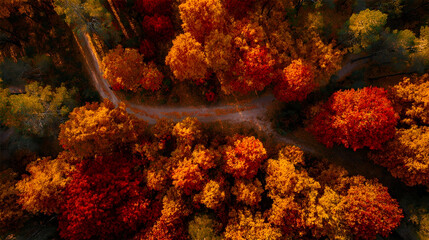 Wide aerial view of golden autumn forest from above, treetops in bright red and yellow, winding path through trees, symmetrical patterns, drone shot, warm sunset lighting, cinematic image. Autumn mood