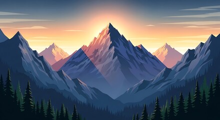 Obraz premium Mountain Range with Sunrise in Vibrant Colors and Forest Landscape