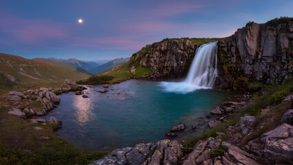 Obraz premium Beautiful nature pool with waterfall at the top of mountain.