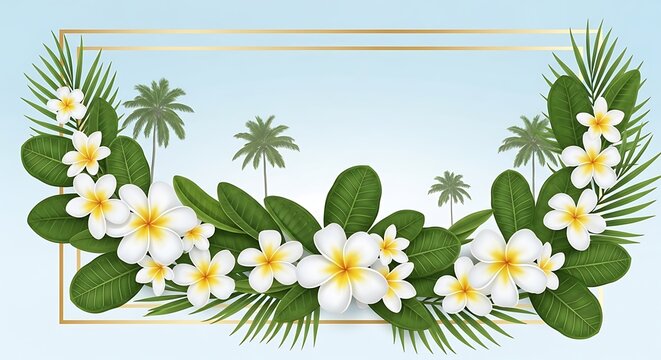 Tropical Plumeria Blooms and Palm Trees within a Golden Frame on Light Blue Background