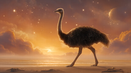 An ostrich moves close to the viewer, its feathers detailed and realistic, glowing softly under orange twilight light.