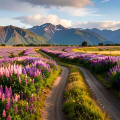 Naklejka premium A picturesque country road winds through a vibrant field of lupines, framed by rolling hills and a bright, colorful sky.