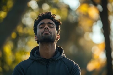 Focused Indian sportsman doing a breathing exercise in a peaceful park setting, reflecting calm and concentration after his workout, Generative AI