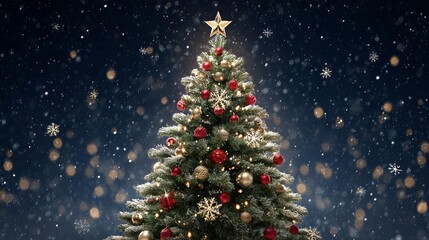 Decorated Christmas tree at night with red, gold, and green ornaments, snowflake toppers and twinkling fairy lights — festive winter holiday background under a starry sky, rich bokeh and copy space
