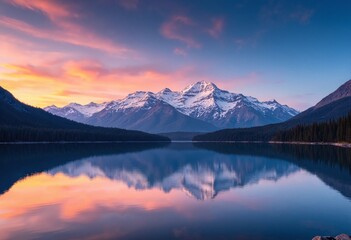 Pink Mountains at Sunset Reflected in Calm Water