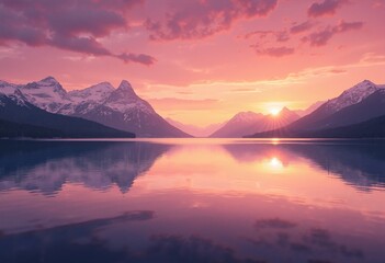 Pink Mountains at Sunset Reflected in Calm Water