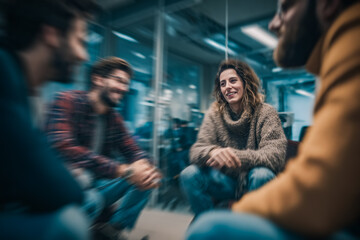 Fototapeta premium In a conference room, business partners marking the successful conclusion of their negotiations. Atmosphere is bright, symbolizing positive outcome and future collaboration.