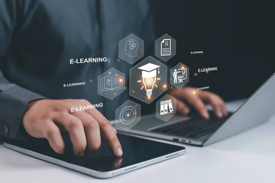Digital e-learning concept with icons of graduation cap, online education, training, and knowledge sharing on tablet and laptop, representing modern technology, study, and online learning platforms.
